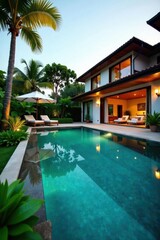 Fototapeta premium Luxury tropical pool villa exterior, lush garden , resort, architecture