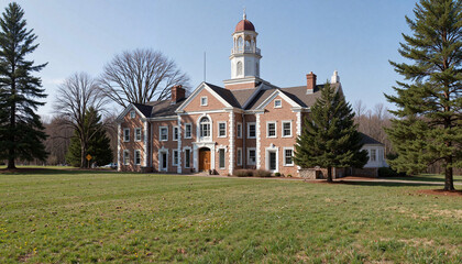 Historic brick building on green lawn