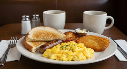 Enjoying a Classic American Breakfast Plate with Scrambled Eggs and Toast