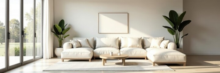 Minimalist living room, neutral palette, plush sofa, cushions, modern