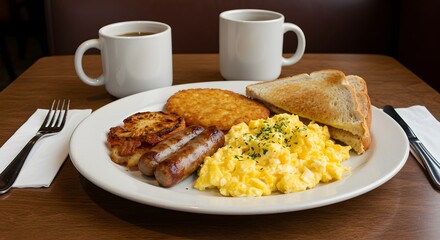 Enjoyable Breakfast Plate with Scrambled Eggs Sausage and Hash Brown