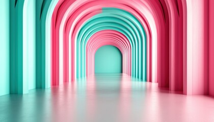Obraz premium Surreal pastel arch hallway with infinite perspective, soft pink and mint green tones, modern geometric minimalism, smooth textures, ultra-HD 3D render