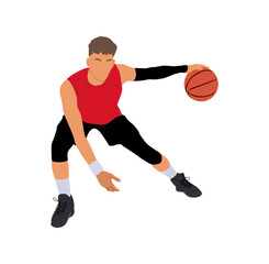 Male basketball player playing with ball, lead ball. Young Sports man playing sport game. Strong man athlete in action. Vector illustration isolated on transparent background.