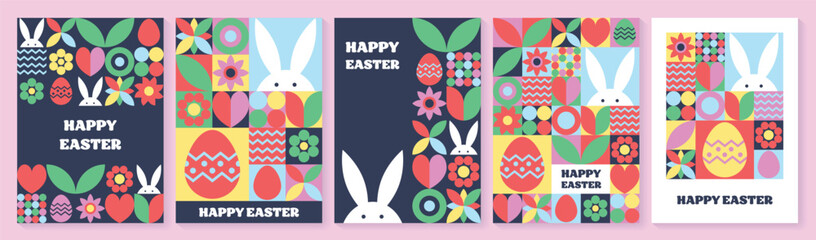 Easter bunny, egg and flower background. Collection of geometric greeting cards with cartoon elements. Vector illustration