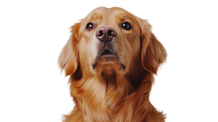 Golden retriever with expressive eyes gazing upward in a bright setting