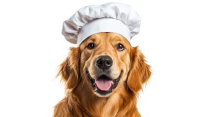 Happy golden retriever wearing a chef hat ready to cook in the kitchen