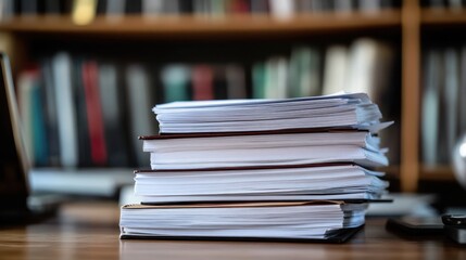 Stacks of paper documents sitting on a wooden surface