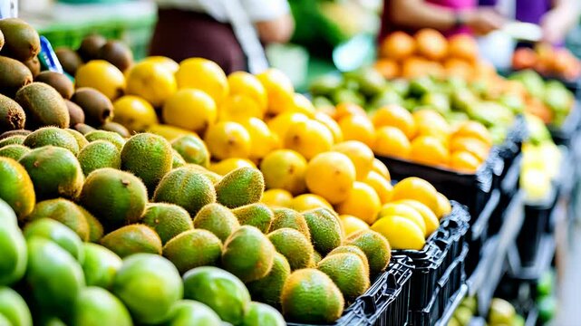 California Kiwifruit Day Fresh citrus and melon display at a local market. National Farmers Market Week - Powered by Adobe