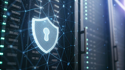 Close-up of a glowing shield icon on a digital screen, symbolizing cybersecurity and protection, with binary code and network connections in the background. Digital security and data protection