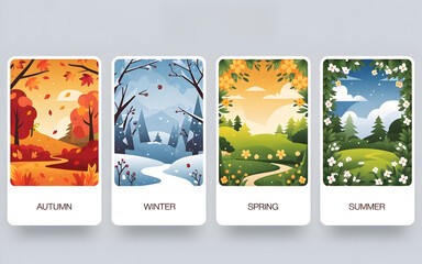 Four Seasonal Panels with Stylized Landscapes in Modern Flat Design