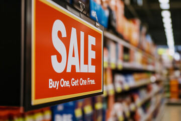 sign hanging in a store that says "Buy One, Get One Free" in red. The sign is hanging from a shelf in a store