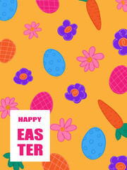 Happy Easter card and poster with hand drawn cute easter eggs, spring flowers. Easter background, cover, flyer, label template. 