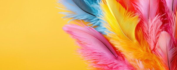 Vibrant Feather Cascade on Warm Yellow Backdrop Expressing Joy and Colorful Texture Arrangement