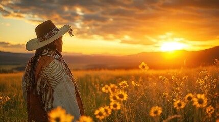 Majestic Sunset Over Fields with Native American Man in Traditional Attire Surrounded by Sunflowers
