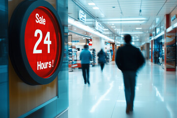 sign in a mall advertising a sale for 24 hours. The mall is busy with people walking around