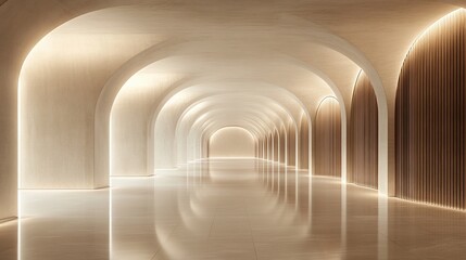 Fototapeta premium Elegant and minimalist corridor with multiple arches and warm lighting for architectural or interior design projects