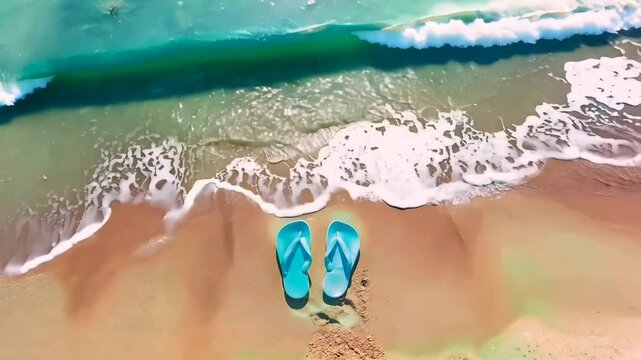 Blue flip-flops resting on a sandy beach with ocean waves gently reaching the shore. Perfect for summer, travel, vacation, and relaxation-themed projects.