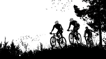 Obraz premium Silhouette of mountain bikers riding uphill on a grassy trail, surrounded by trees.