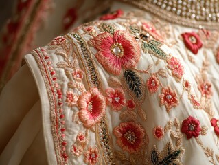 Intricate Photorealistic Embroidery Detail on Bridal Lehengas Showcasing Floral Patterns and Textural Complexity