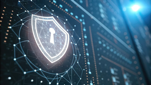 Close-up of a glowing shield icon on a digital screen, symbolizing cybersecurity and protection, with binary code and network connections in the background. Digital security and data protection