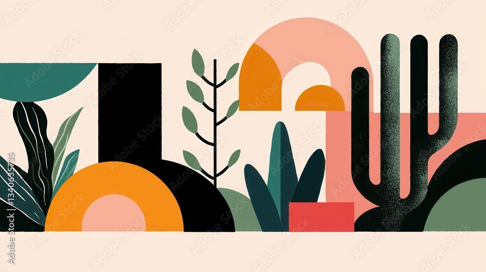Poster a colorful, abstract composition featuring geometric shapes and various plant elements, creating a v
