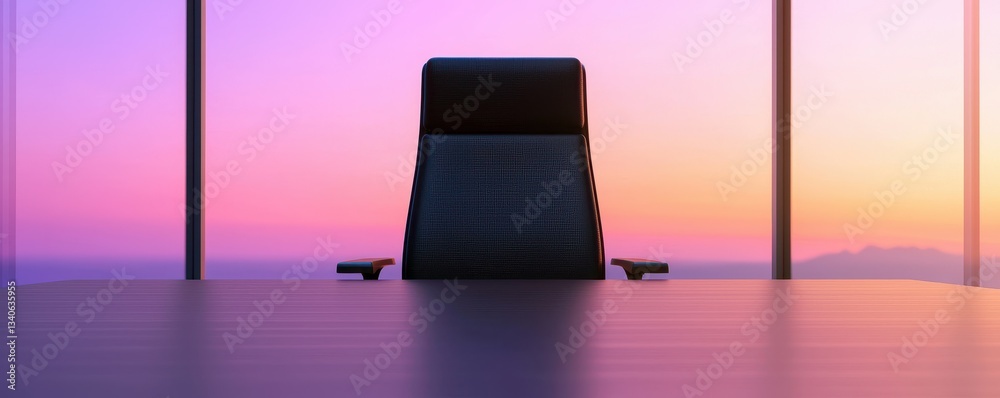 Poster a sleek office chair faces a stunning sunset backdrop through large windows, creating a tranquil and