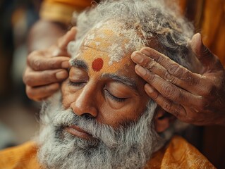 Naklejka premium Portrait of an Indian Barber Performing Traditional Hair and Grooming Ritual with Care and Precision on a Client