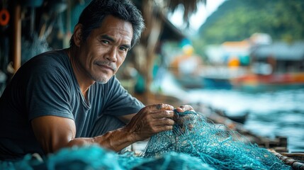 Captivating Side Profile Portrait of a Pacific Islander Man Working with Fishing Nets in a Serene Coastal Setting