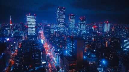 Obraz premium A mesmerizing nightscape of a bustling city with glowing buildings and car trails