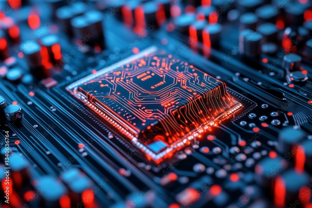 Leinwandbilder intricate microchip surrounded by glowing circuitry showcasing advanced technology in a modern setti