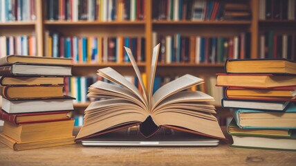 Fototapeta premium Blending Tradition and Innovation: Books Meet Laptops