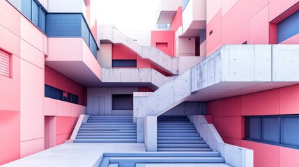 Architectural perspective showcases a modern building exterior with stairways