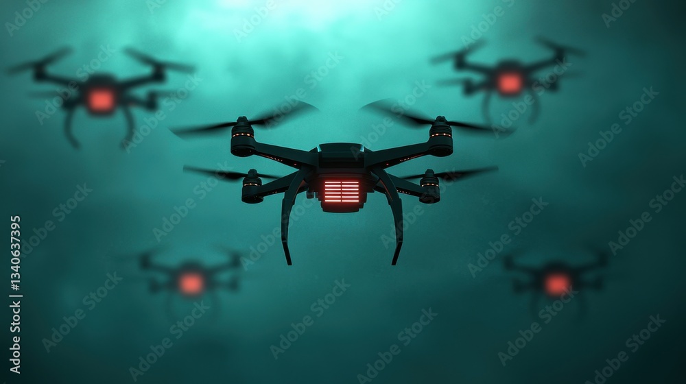 Poster a group of drones with glowing red lights hovering in a misty, blue environment, showcasing advanced