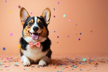 Happy corgi wearing a bow tie surrounded by colorful confetti on a peach background celebrating a joyful occasion