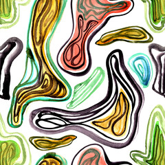 Seamless pattern with watercolor drawn curved geometric shapes. Abstract playful geometric background with bionic forms in artistic paint streaks.  Design for covers, packaging, textile. Watery lines 