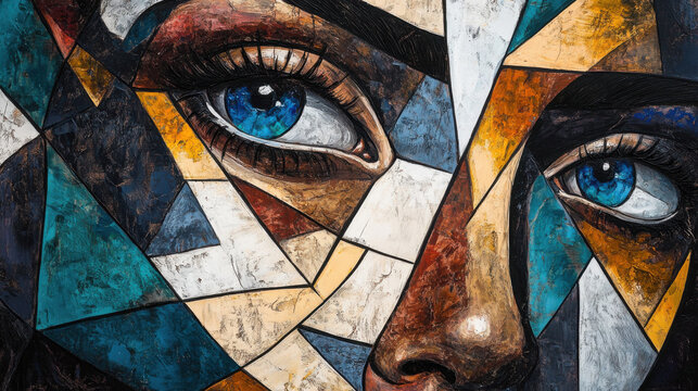 abstract figurative artwork, close-up face with geometric distortion, layered textures