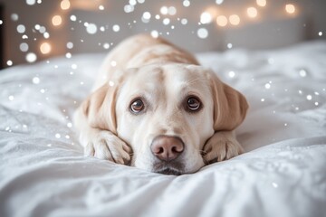 Playful Labrador rests on a cozy bed while snow gently falls indoors in a warm atmosphere