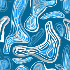 Seamless pattern with watercolor drawn curved geometric shapes. Abstract playful geometric background with bionic forms in artistic paint streaks.  Design for covers, packaging, textile. Watery lines 