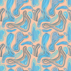 Seamless pattern with watercolor drawn curved geometric shapes. Abstract playful geometric background with bionic forms in artistic paint streaks.  Design for covers, packaging, textile. Watery lines 