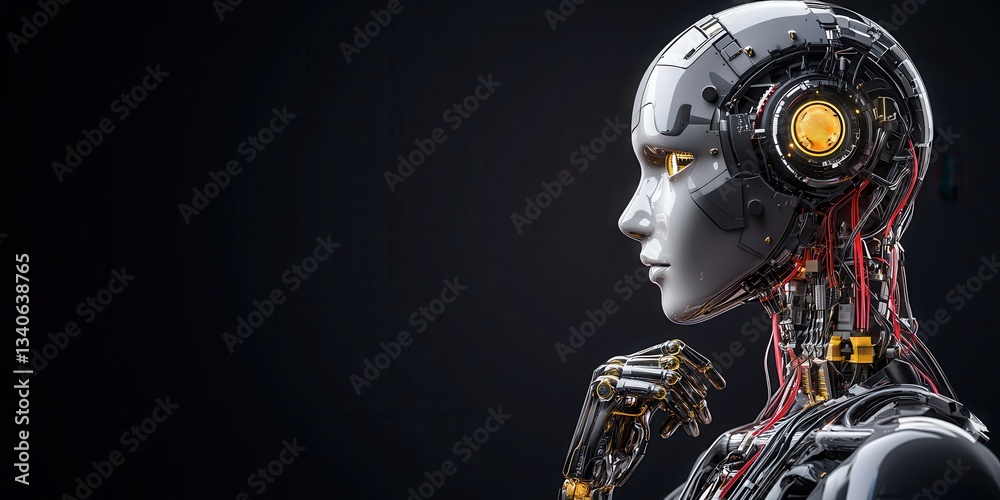 Poster A futuristic robot head with intricate circuitry, glowing features, and a contemplative expression against a dark background.
