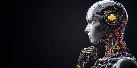 Fototapeta premium A futuristic robot head with intricate circuitry, glowing features, and a contemplative expression against a dark background.