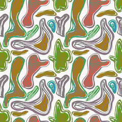 Seamless pattern with watercolor drawn curved geometric shapes. Abstract playful geometric background with bionic forms in artistic paint streaks.  Design for covers, packaging, textile. Watery lines 