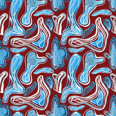 Seamless pattern with watercolor drawn curved geometric shapes. Abstract playful geometric background with bionic forms in artistic paint streaks.  Design for covers, packaging, textile. Watery lines 