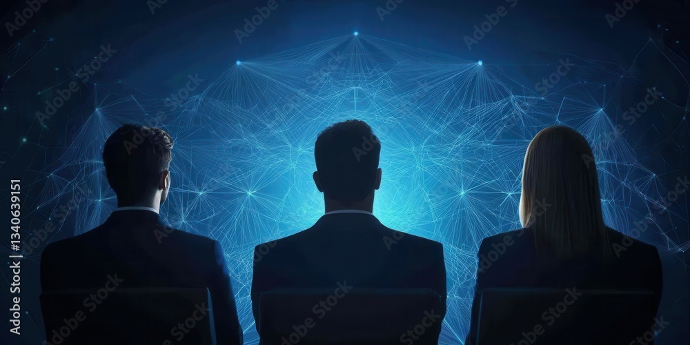 Poster a group of professionals observing a digital network, symbolizing innovation and technology in a fut