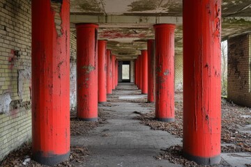 Red columns lining a decaying corridor in an abandoned structure surrounded by nature