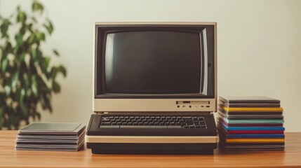 Fototapeta premium Vintage Personal Computer with Floppy Disks and CDs