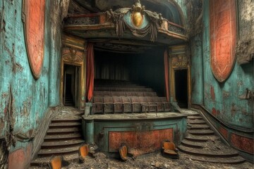 Abandoned theater reveals intricate architecture and forgotten history within its decaying walls