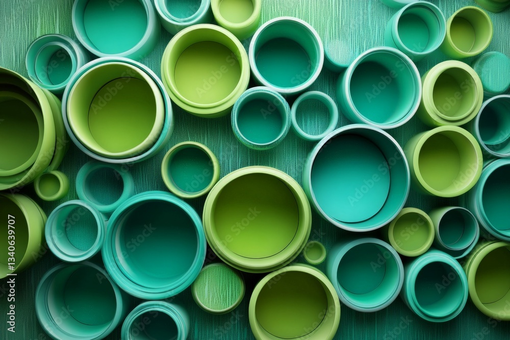 Poster Unique arrangement of circular shapes in various shades of green on a textured background
