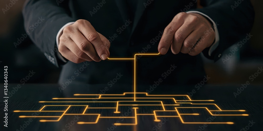 Fototapete A person in a suit interacts with a digital maze, symbolizing problem-solving or decision-making in a tech-driven environment.