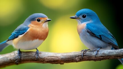 Obraz premium Two blue and white birds are perched on a branch. The birds are looking at each other. The scene is peaceful and serene